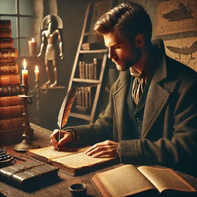 DALL·E 2025-02-06 23.46.41 – A man sitting at an old wooden desk covered with ancient scrolls and historical books, holding an old writing quill in his hand. He is dressed in clas DALL·E 2025-02-06 23.46.41 - A man sitting at an old wooden desk covered with ancient scrolls and historical books, holding an old writing quill in his hand. He is dressed in clas